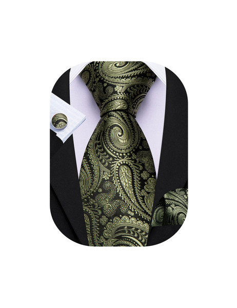 Barry.Wang Olive Green Black Ties for Men Paisley Silk Necktie Pocket Square Cufflinks Set Formal Wedding Party Business