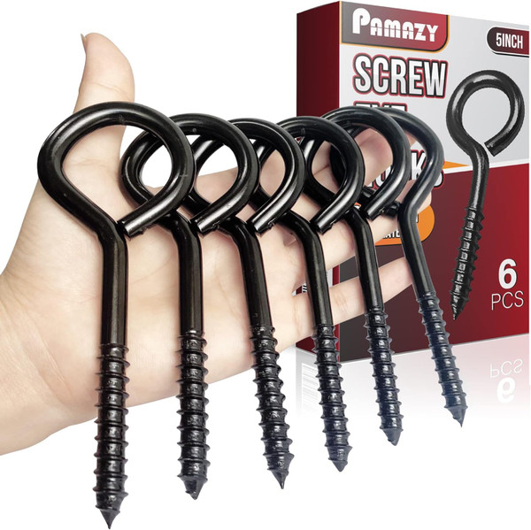 PAMAZY 5Inch Heavy Duty Black Screw Eyes Hook, 6PCS Self Tapping Eyelet Screw Eye Bolts, Screw in Eye Hooks for Wood Securing Cables Wire, Hammock Stand, Indoor & Outdoor Use