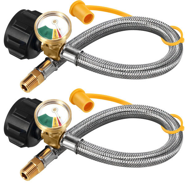 RV Propane Hoses with Gauge (Packs of 2), 20 Inch Stainless Steel Braided Camper Tank Hose,Rv lp Gas Hoses Connector for Standard Two-Stage Regulator, 40Lb 250PSI, 1/4 NPT /QCC1 Fittings