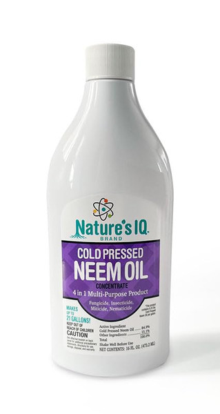 Nature's IQ Advanced Formula Neem Oil with Built in Mixing Agent. Just add Water. 4 in 1 Products. Controls Insects, Mites, Fungus, and Nematodes. Makes up to 21 gallons of Spray 16oz Concentrate.
