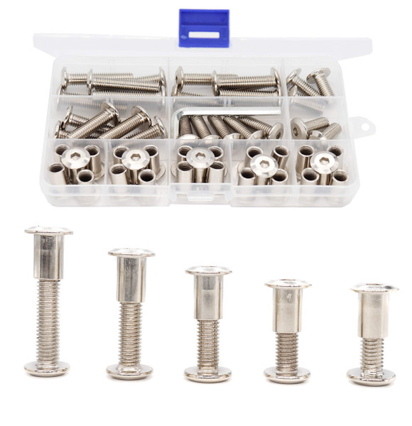 binifiMux 50pcs M8x20mm/25mm/30mm/35mm/40mm Rivet Countersunk Hex Socket Cap Bolts and Hex Head Barrel Nuts Assortment Kit for Furnitures Cribs Chairs, Nickel Plated