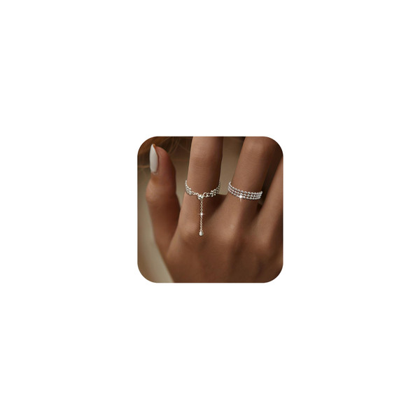 IPEPPY 925 Sterling Silver Link Chain Fidget Rings with Dangle Bead for Women 14k Gold Plated Adjustable Sparkling Twist Rope Ring Stackable Line Finger Ring Jewelry Christmas Gifts for Mom