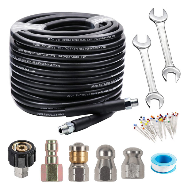 Sewer Jetter Kit for Pressure Washer 50 ft 5800PSI Drain Cleaner Hose 1/4 Inch NPT Corner Rotating and Button Nose Sewer Jetting Nozzle Spanner Waterproof Tape Pearl Corsage Pin