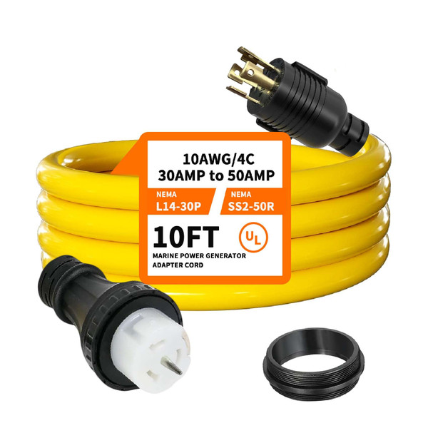 10FT NEMA L14-30P to SS2-50R Shore Power Cord Adapter Generator 30A 4 Prong L14-30P Twist Lock Male to 50A SS2-50R Female with Locking Ring 125V/250V for RV Marine Generator