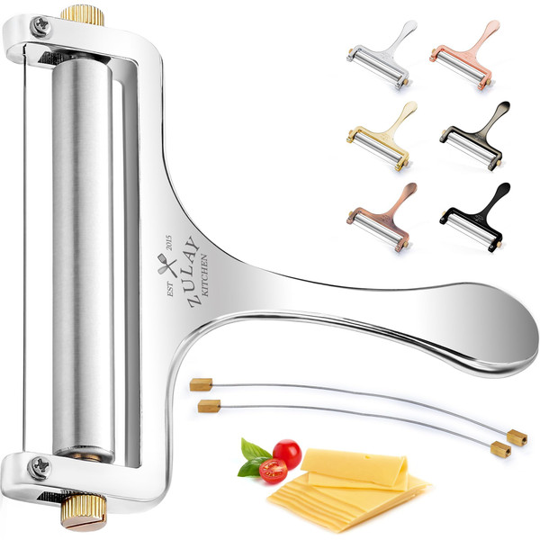 Zulay Kitchen Stainless Steel Wire Cheese Slicer - Adjustable Hand Held Cheese Cutter with 2 Extra Wires - Premium Cheese Shaver for Mozzarella, Cheddar, Gruyere - Cheese Cutter with Wire (Silver) Zulay Kitchen Stainless Steel Wire Cheese Slicer - Adjustable Hand Held Cheese Cutter with 2 Extra Wires - Premium Cheese Shaver for Mozzarella, Cheddar, Gruyere - Cheese Cutter with Wire (Silver)