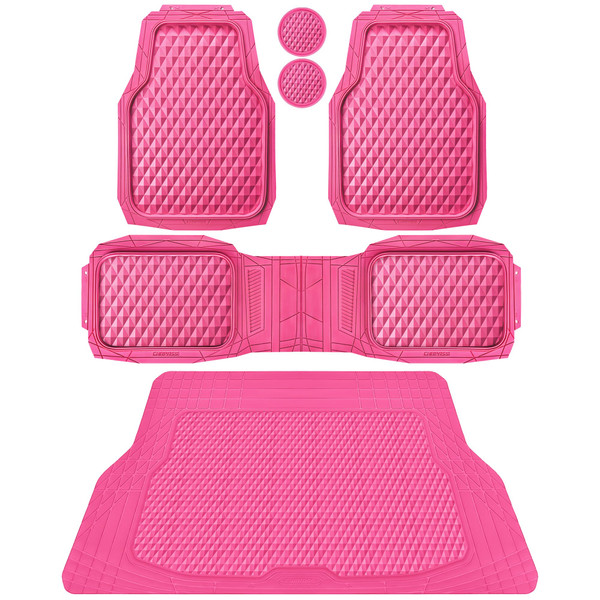 CAR PASS Heavy Duty Rubber Hot Pink Car Floor Mats & Cargo Liners, Deep Dish All-Weather Trunk Mats Durable Anti-Slip 3D Rhombus Waterproof Trim to Fit Liner Universal Fit Auto,Sedan,SUV,Truck, Pink