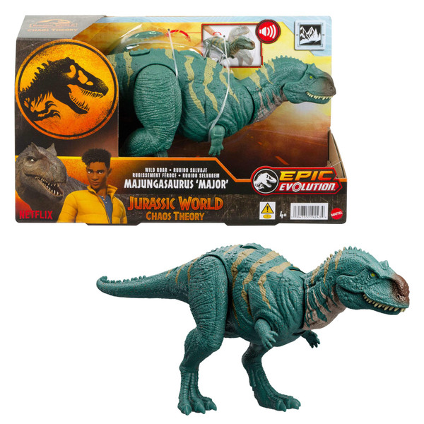 Mattel Jurassic World Wild Roar Dinosaur Action Figure, Majungasaurus with Continuing Masssive Chomp Attack & Roar Sound, Posable Toy with Digital Play