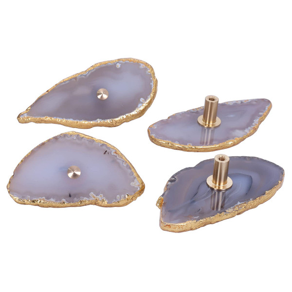 Cheungshing Set of 4 Gold Plated Edge Agate Slice Knobs, Agate Geode Stone Drawer Pull Handles with Screws for Home Office Dresser Wardrobe Decor, Grey