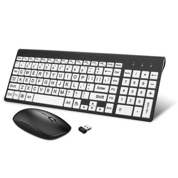 HXMJ-Wireless Large Print Keyboard and Mouse Set with USB Receiver| Quiet Scissor Switch | for Seniors and Visually Impaired Low Vision Individuals-White