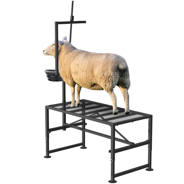 Lezbanz 600 LBs Goat Stand with Feed Bin, Goat Milking Stand for Sheep Trimming and Milking, Hoof Trimming Stand Adjustable Size, with Feeder, Iron Black