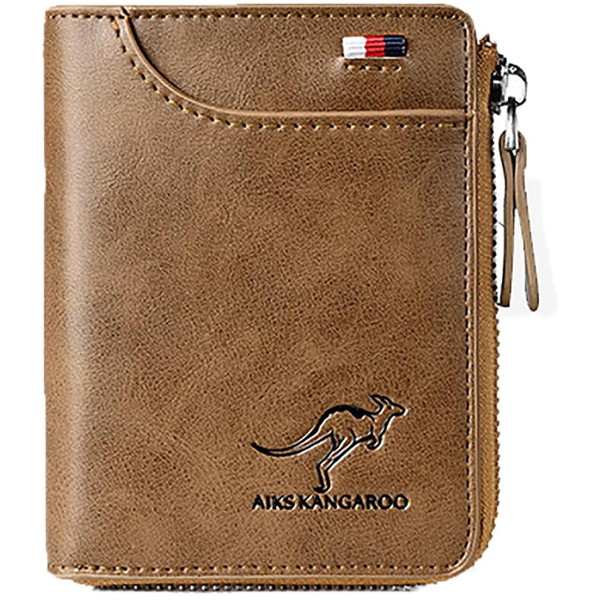 Men Wallet Zipper Genuine Leather Purs, Aiks Kangaroo Wallets, PU Stylish Soft Simple Design RFID Protected Wallet (Retro Brown)