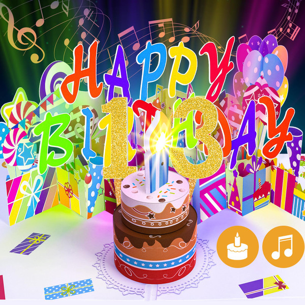 Gumry 13TH Musical Birthday PopUp Card, Blowable Colorful Light Candle 3D Cards with Song, Applause Cheers Sound, Greeting Cards Birthday Gifts Decorations for Women Men Turning 13 Years Old