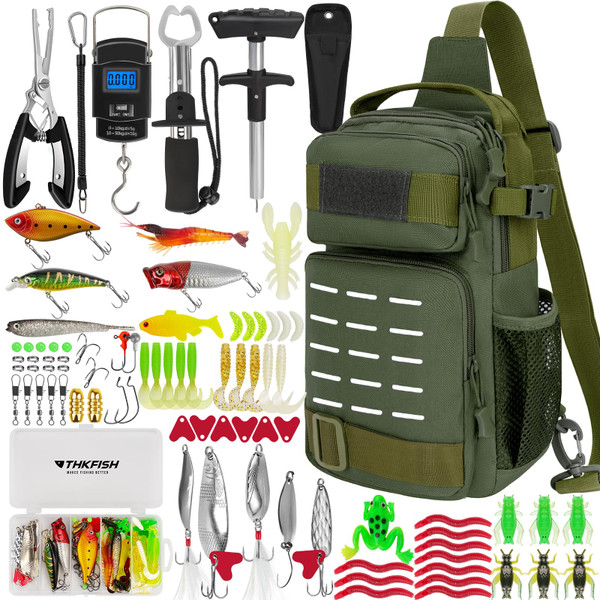 THKFISH 85Pcs Fishing Tool Kit, Fishing Backpack with Tackle Boxes Included, Fishing Tackle Kit Include Fishing Bait Lure Gear Kit, Fishing Pliers, Fish Hook Remover, Lip Gripper