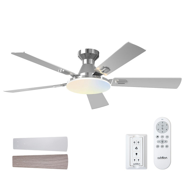 addlon Ceiling Fans with Lights, 52 inch Flush Mount Ceiling fan with Remote Control, Wall Remote, Reversible, 5CCT, Dimmable, Noiseless DC Motor, Nickel Low Profile Ceiling Fan for Bedroom, Farmhouse