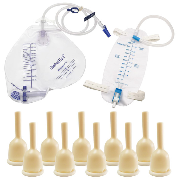 GlobalRoll Latex Condom Catheters External Self Sealing Set, 2000ml Urinary Drainage Bag with Anti-Reflux Chamber *1, 1000ml Catheter Leg Bag *1, 10pcs Condoms for Men (1.18inch/30mm)