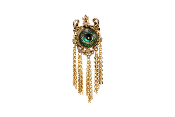 Knighthood Brooch Pin Gold Crowned Green Evil Eye with Hanging Chain Brooch Suit Stud Lapel Pin