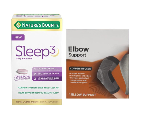 Natur Bount Sleep 3 + Bonus 1 Elbow Support– 10mg Melatonin , Triple Action Time-Release Sleep Supplement with L-Theanine & Herbal Blend (120 Tri-layered Tablet ) +Bonus 1 Elbow Support