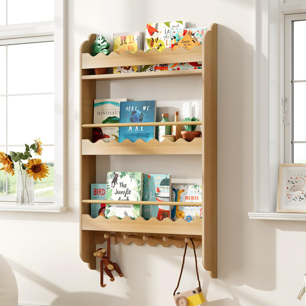 Treocho Kids Bookshelf, Wall Mounted 3-Tier Book Shelf, Kids Bookshelf and Toy Storage for Bedroom, Living Room and Nursery, Natural