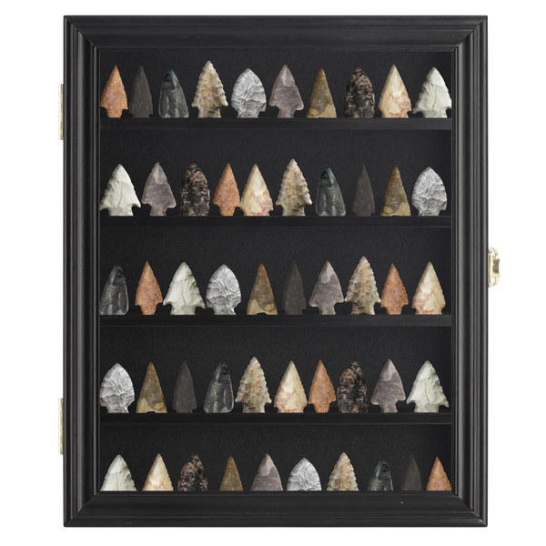 Arrowhead Display Case Native American Shadow Box Wall Mount Collection Cabinet with UV Protection for Agate Opal Stone Arrowheads Spear Points (Black Finish)