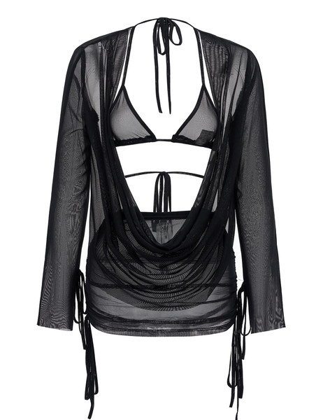 Chunersha 3 Pieces Summer Bikini Cover ups for Women Beach Vacation Long Sleeve Sexy Mesh Coverup Swimsuit Bathing Swimwear