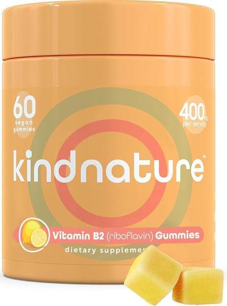 kindnature Vitamin B2 Gummies - Riboflavin 400mg Supplement for Kids & Adults - Non-GMO, Soy & Gluten-Free, Vegan Chewable Gummies (30 Day Supply)