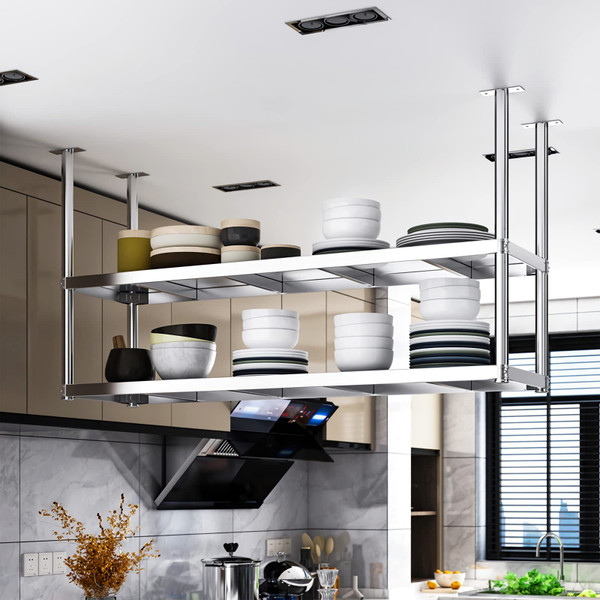 DSVONAUS Ceiling Shelf, Floating Shelves Kitchen Storage Rack, Industrial Ceiling Mount Shelf 2 Layer, Wine Bottle, Wine Glass, Dish Storage Rack, for Restaurant, Bar, Kitchen (1203580cm)
