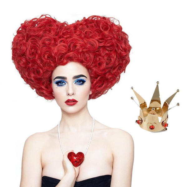LABEAUTÉ Red Heart Wig + Crown Queen Wig Curly Fuffy Synthetic Cosplay Anime Halloween Costume for Women