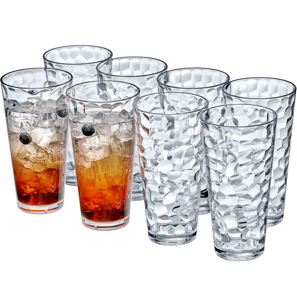 Amazing Abby - Iceberg - 24-Ounce Plastic Tumblers (Set of 8), Clear High-Balls, Stackable, BPA-Free, Shatter-Proof, Dishwasher-Safe