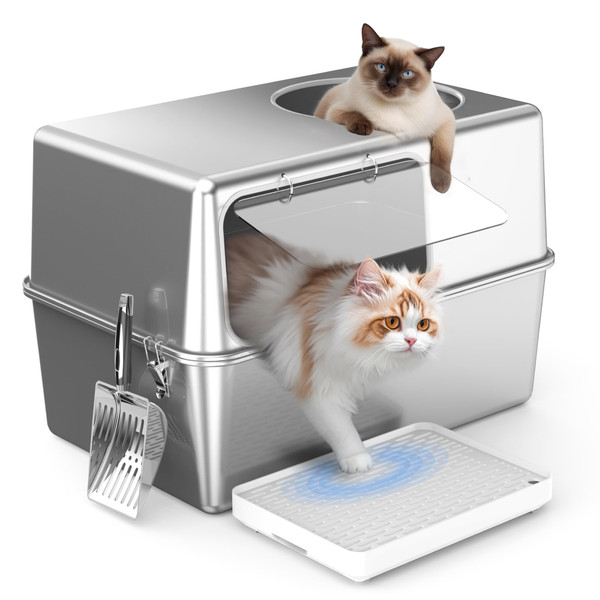 Aothey Enclosed Stainless Steel Litter Box with Lid, Enclosed Metal with High Sides, Large Cat Litter Box, Dog-Proof, Odor Control, Easy to Clean,Durable with Round Edge Side Entry