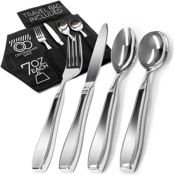 Weighted Utensils for Hand Tremors and Parkinson's Patients - 4 Piece Set Weighted Silverware for Elderly, Arthritis, Weak Hand Grip - Convenient Travel Bag, Stainless Steel, 7 Oz