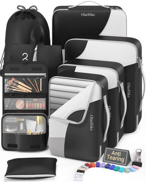 8 Set Packing Cubes for Travel, Gifts for Men,Anti-Tearing Suitcase Organizer for Luggage with Shoe & Hanging Toiletry Bag, OlarHike Vacation Accessories for Cruise, Travel Essentials for Men, Black