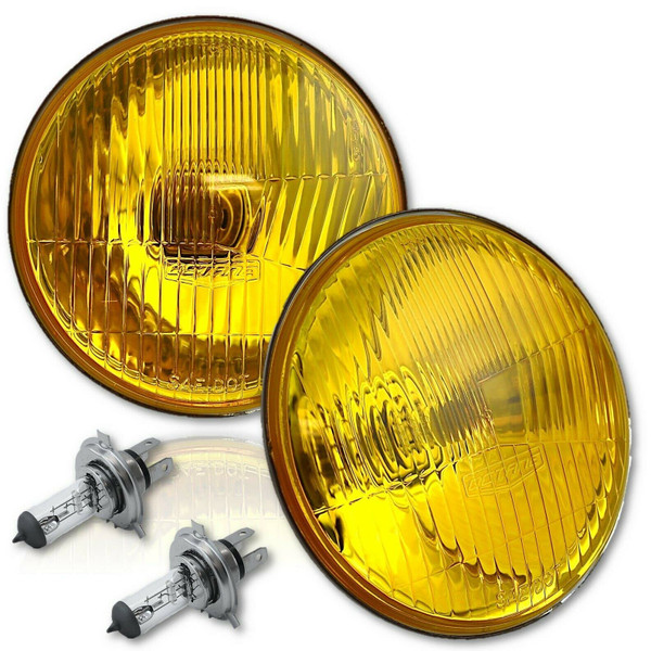 Octane Lighting 5-3/4" OEM Retro Yellow Stock Style Glass Metal Low/High Beam Headlight 55/60w Halogen Super White H4 Light Bulb Headlamp Pair (Yellow Stock OEM Style, 5.75")