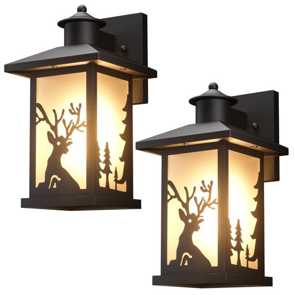 JAYNLT 2 Pack Outdoor Wall Sconce, Waterproof Exterior Wall Lights Fixtures, Porch Lights Anti-Rust with Toughened Frosted Glass, Deer Pattern and E26 Socket for House, Garage, Patio,Front Door