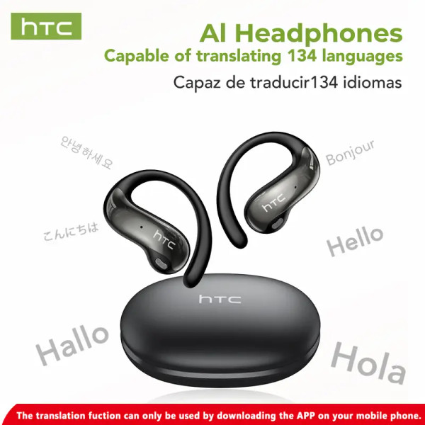 HTC NE19 AI Translation Earbuds Open Ear Wireless Headphones 134 Languages Translatable Bluetooth Smart Earphones - Color: Black