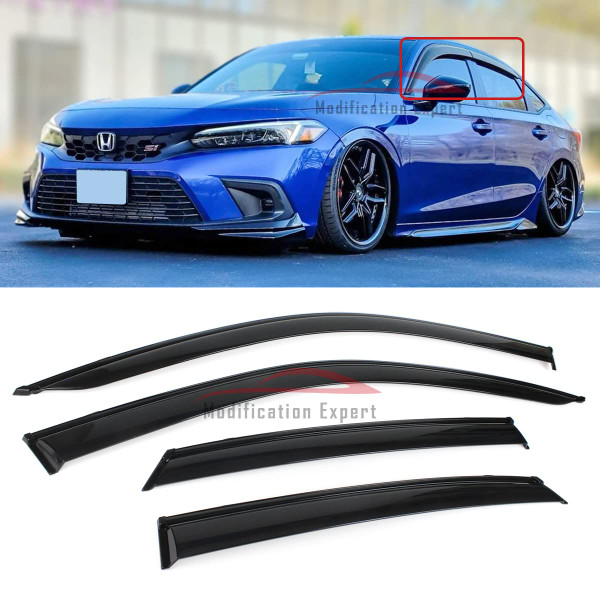 Fits for 2022-2024 Honda Civic 4 Door Sedan JDM Black Trim Smoke Tinted Window Visors Rain Guards Deflectors