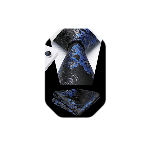 HISDERN Black Royal Blue Ties for Men Floral Mens Ties Handkerchief Cufflinks Set Wedding Tuxedo Necktie and Pocket Square