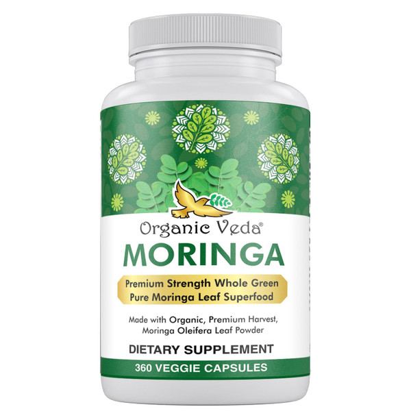 Organic Veda Moringa Leaf Powder Capsules, 1000mg, 360 Count - True Green Native Organic Moringa Oleifera, Premium Strength Nutrient Dense 100% Pure Leaves - Energy, Sleep & Immunity Support - Vegan