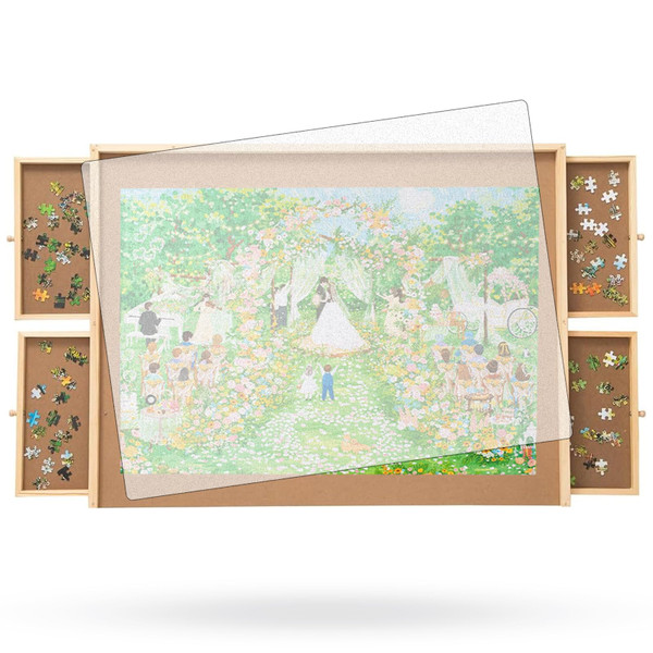 500 Piece Puzzle Board with Drawers, Small Puzzle Board 14" x 28" Jigsaw Puzzle Table with Cover Mat, 4 Drawers, Small Puzzle Table, Birthday Gifts