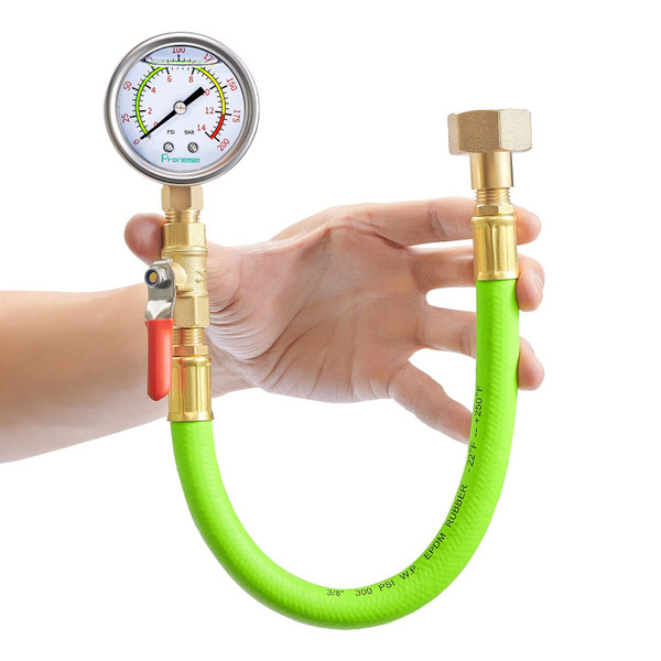 Pronese Stainless Steel Water Test Pressure Gauge Kit 2" Dial Size,Gauge+12" EPDM Rubber+1/4" LF Valve+1/4 to 3/4 Adapter,Lower Mount with Liquid Filled 0~200 PSI(Color Coded)