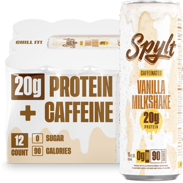 Spylt High Protein Vanilla Milkshake with 60mg Caffeine & 20g Protein - 90 Calories, Ready to Drink, Sugar Free, Lactose Free Milk, Perfect for Workout Recovery & Afternoon Pick Me Up - 12 Count