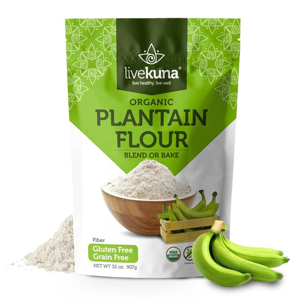 LiveKuna Organic Plantain Flour - Gluten Free All Purpose Flour Alternative For Baking & Cooking Recipes - Grain Free Vegan Plantain Flour, Rich In Fiber & Vitamins for Keto & Paleo Diets, 32oz Bag