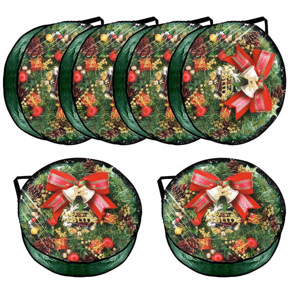 YAYODS 6 Pack Wreath Storage Container Bag 30 Inch Christmas Wreath Storage Bag Heavy Duty Christmas Wreath Boxes with Clear Window for Xmas Holiday Seasonal Wreath Garland(Green)