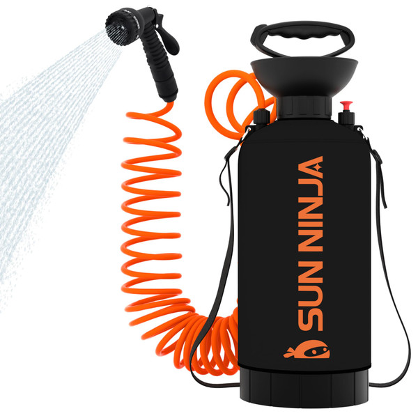 SUN NINJA Portable Shower, 2.1Gal Camping Shower with 7 Mode Shower Head, Neoprene Cover Helps Keep Water Warm, High Pressure Hose, Easy to Carry, Black and Orange