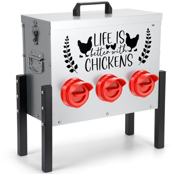 TGEYD 30 lb Chicken Feeder with 6 No-Waste Ports – Heavy-Duty Outdoor Metal Feeder with Adjustable Height, Locking Lid & Riveted Handles – Rustproof Feed Box for Poultry & Backyard Chickens