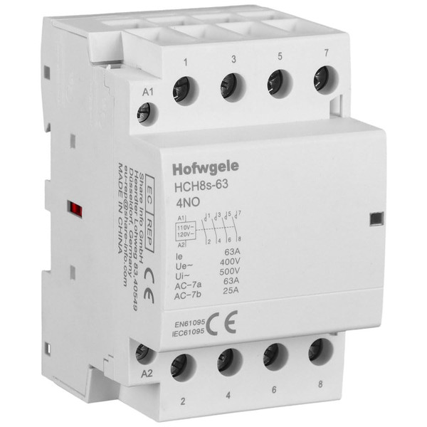 Hofwgele HCH8s-63 AC Contactor 4 Pole 63A 4NO Four Normally Open 110V/120V Coil Voltage 35 mm DIN Rail Mount Hofwgele HCH8s-63 AC Contactor 4 Pole 63A 4NO Four Normally Open 110V/120V Coil Voltage 35 mm DIN Rail Mount