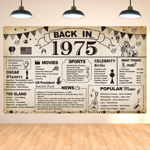DARUNAXY 50th Birthday Party Decorations, Vintage Back in 1975 Banner 50 Year Old Birthday Party Poster Supplies Vintage 1975 Backdrop Photography Background for Men & Women 50th Class Reunion Decor