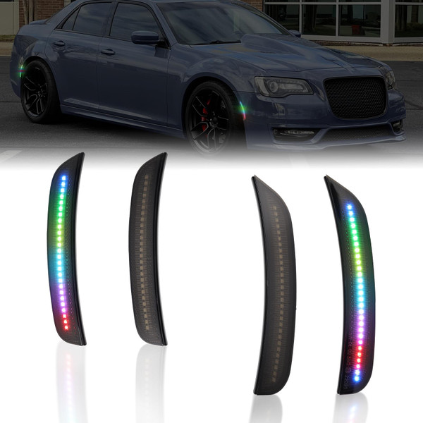 AreLokpri Colorful Flowing LED Side Marker Lights Kits for Chrysler 300 2015-2023, Front & Rear Smoked Lens, Side Bumper Marker Lights, Sidemarker Lamp Accessories 4-Pack