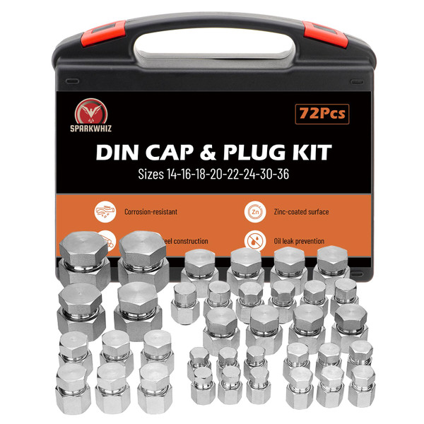 72Pcs DIN Heavy Duty Cap & Plug Assortment Hydraulic Adapter Fitting Kit Set, Galvanized Steel with Precision Threading Dash Sizes 14 16 18 20 22 24 30 36