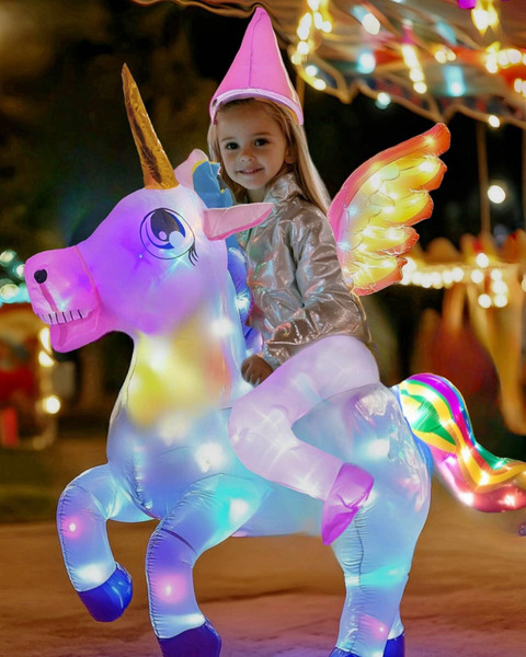 bDDeDD Kids Inflatable Unicorn Costume, Riding Unicorn Air Blow-up Deluxe with LED Light for Halloween Party Unicorn S