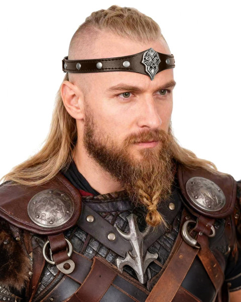 L'VOW Viking Leather Headpiece Medieval Adjustable LARP Headband Pirate Cosplay Renaissance Accessories(Silver